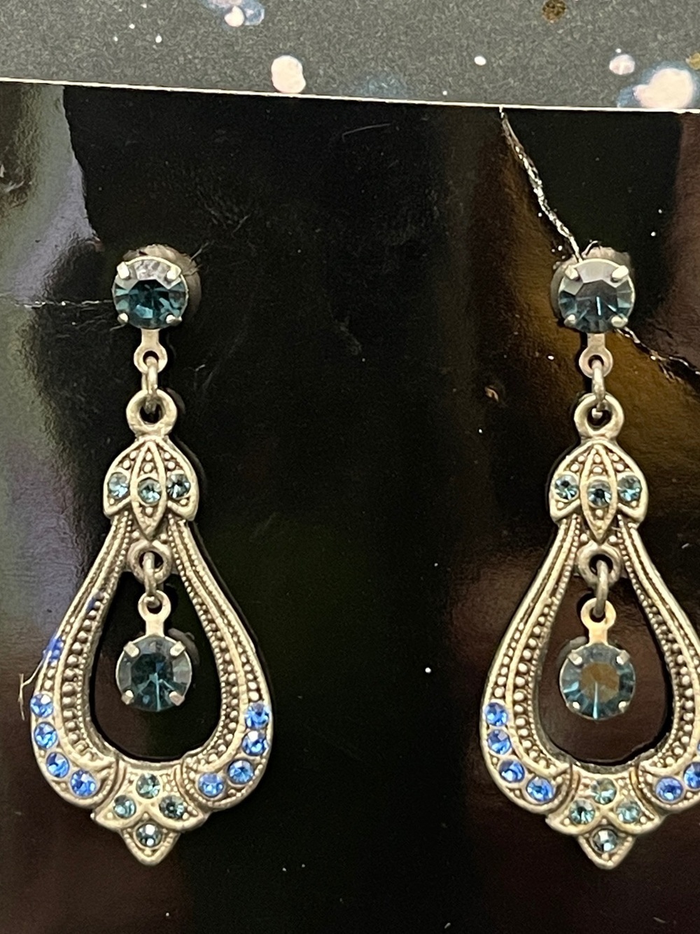Silver Tone Blue Rhinestone Teardrop Dangle Earrings Vintage Inspired